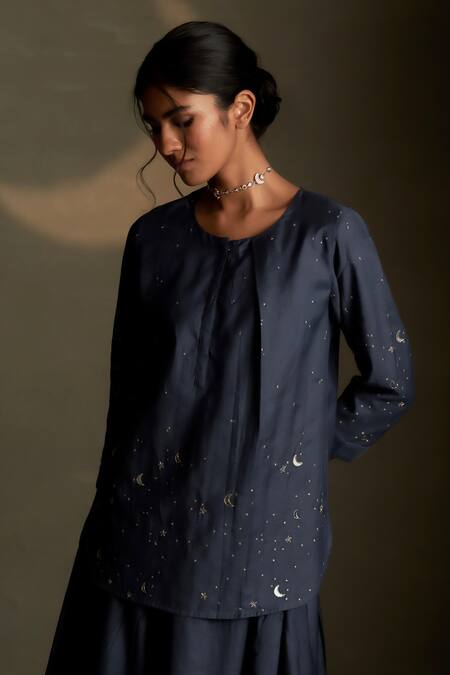 Shop Charkhee Navy Chanderi, Voile Embroidery Round Neck Cresent Moon Kurta With Skirt Online at Aza Fashions Shop_Charkhee_Navy Chanderi, Voile Embroidery Round Neck Cresent Moon Kurta With Skirt _Online_at_Aza_Fashions