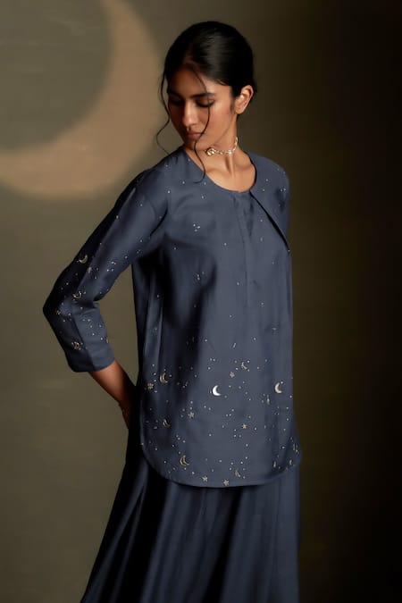 Charkhee Navy Chanderi, Voile Embroidery Round Neck Cresent Moon Kurta With Skirt at Aza Fashions Charkhee_Navy Chanderi, Voile Embroidery Round Neck Cresent Moon Kurta With Skirt _at_Aza_Fashions