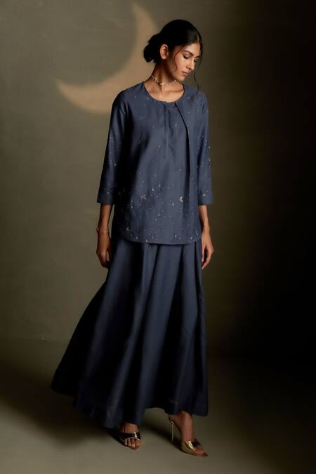 Buy Charkhee Navy Chanderi, Voile Embroidery Round Neck Cresent Moon Kurta With Skirt Buy_Charkhee_Navy Chanderi, Voile Embroidery Round Neck Cresent Moon Kurta With Skirt