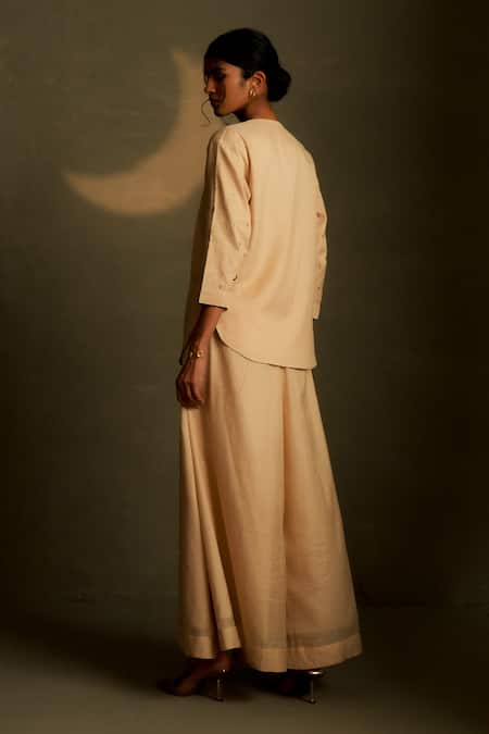 Shop Charkhee Beige Chanderi, Voile Embroidery, Sequins Round Neck Mul Kurta With Pant at Aza Fashions Shop_Charkhee_Beige Chanderi, Voile Embroidery, Sequins Round Neck Mul Kurta With Pant _at_Aza_Fashions