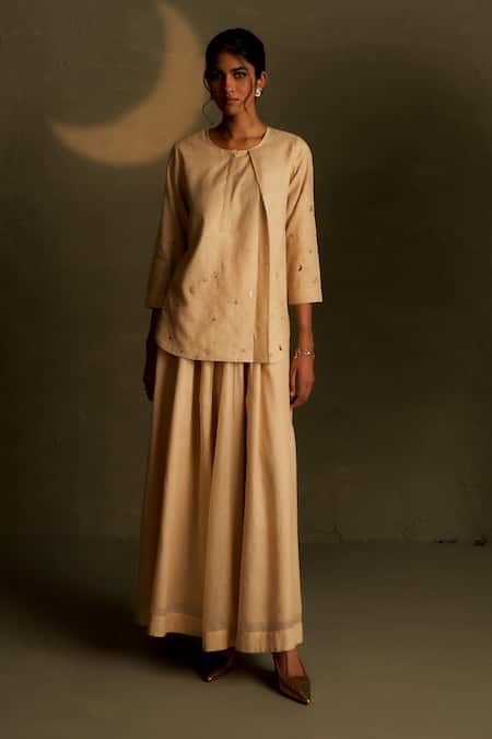 Charkhee Beige Chanderi, Voile Embroidery, Sequins Round Neck Mul Kurta With Pant 