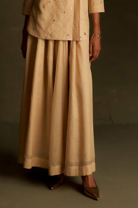 Charkhee Beige Chanderi, Voile Embroidery, Sequins Round Neck Mul Kurta With Pant Online at Aza Fashions Charkhee_Beige Chanderi, Voile Embroidery, Sequins Round Neck Mul Kurta With Pant _Online_at_Aza_Fashions