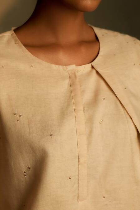 Buy Charkhee Beige Chanderi, Voile Embroidery, Sequins Round Neck Mul Kurta With Pant Buy_Charkhee_Beige Chanderi, Voile Embroidery, Sequins Round Neck Mul Kurta With Pant