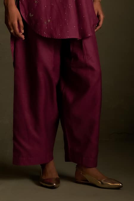 Charkhee Burgundy Chanderi, Voile Embroidery Round Neck Moon Pattern Kurta With Pant Online at Aza Fashions Charkhee_Burgundy Chanderi, Voile Embroidery Round Neck Moon Pattern Kurta With Pant _Online_at_Aza_Fashions
