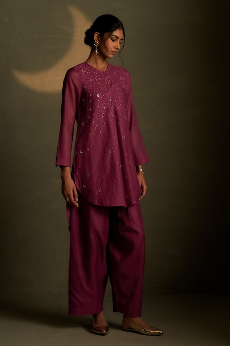 Charkhee Burgundy Chanderi, Voile Embroidery Round Neck Moon Pattern Kurta With Pant 