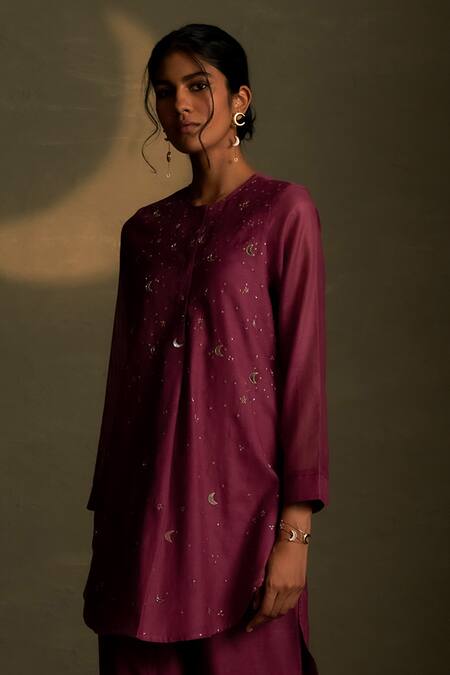 Shop Charkhee Burgundy Chanderi, Voile Embroidery Round Neck Moon Pattern Kurta With Pant Online at Aza Fashions Shop_Charkhee_Burgundy Chanderi, Voile Embroidery Round Neck Moon Pattern Kurta With Pant _Online_at_Aza_Fashions