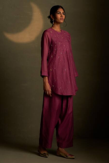 Charkhee Burgundy Chanderi, Voile Embroidery Round Neck Moon Pattern Kurta With Pant at Aza Fashions Charkhee_Burgundy Chanderi, Voile Embroidery Round Neck Moon Pattern Kurta With Pant _at_Aza_Fashions