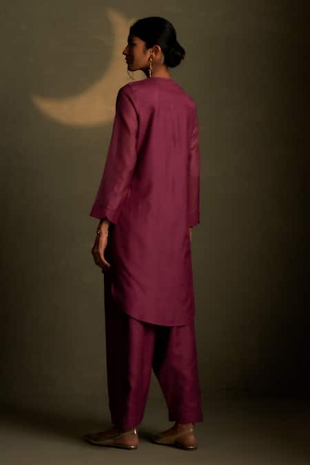 Shop Charkhee Burgundy Chanderi, Voile Embroidery Round Neck Moon Pattern Kurta With Pant at Aza Fashions Shop_Charkhee_Burgundy Chanderi, Voile Embroidery Round Neck Moon Pattern Kurta With Pant _at_Aza_Fashions