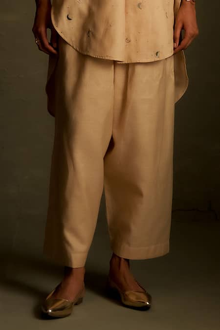 Buy Charkhee Beige Chanderi, Voile Embroidery, Sequins Round Moon Pattern Kurta With Pant Online at Aza Fashions Buy_Charkhee_Beige Chanderi, Voile Embroidery, Sequins Round Moon Pattern Kurta With Pant _Online_at_Aza_Fashions