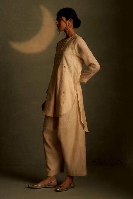 Shop Charkhee Beige Chanderi, Voile Embroidery, Sequins Round Moon Pattern Kurta With Pant Online at Aza Fashions Shop_Charkhee_Beige Chanderi, Voile Embroidery, Sequins Round Moon Pattern Kurta With Pant _Online_at_Aza_Fashions
