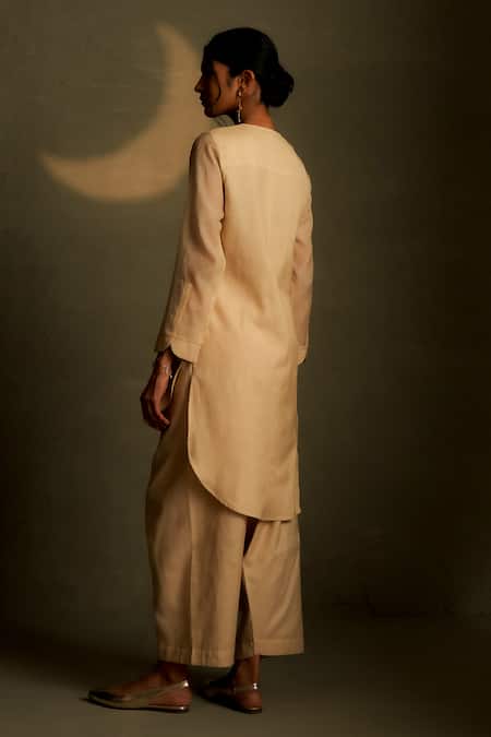 Shop Charkhee Beige Chanderi, Voile Embroidery, Sequins Round Moon Pattern Kurta With Pant at Aza Fashions Shop_Charkhee_Beige Chanderi, Voile Embroidery, Sequins Round Moon Pattern Kurta With Pant _at_Aza_Fashions