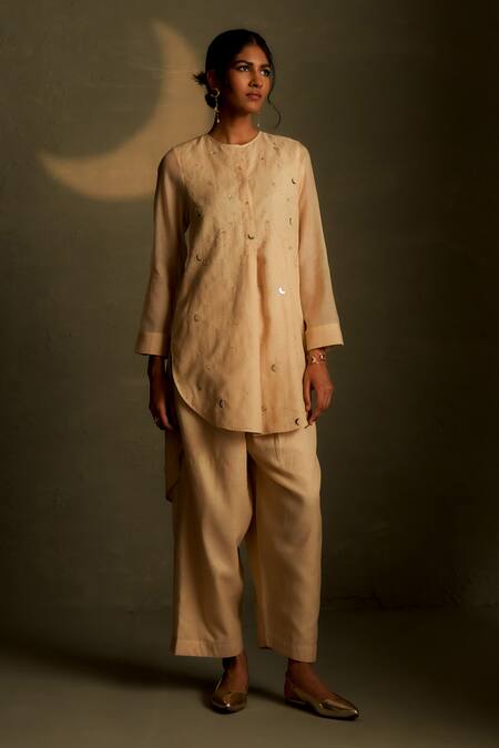 Charkhee Beige Chanderi, Voile Embroidery, Sequins Round Moon Pattern Kurta With Pant at Aza Fashions Charkhee_Beige Chanderi, Voile Embroidery, Sequins Round Moon Pattern Kurta With Pant _at_Aza_Fashions