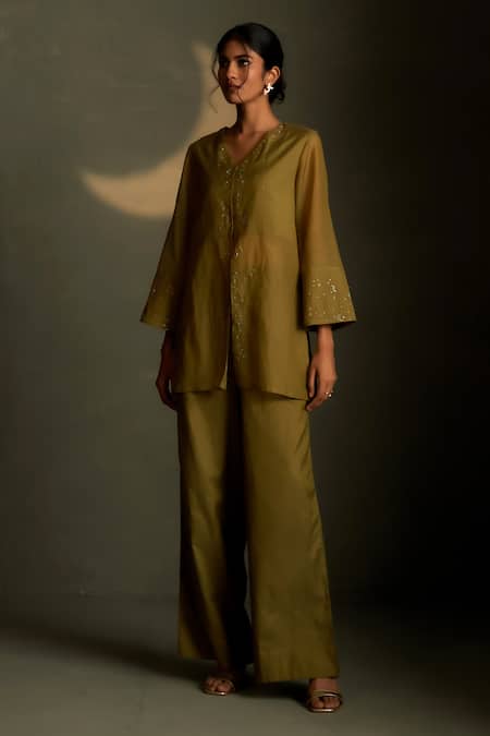 Charkhee Olive Green Chanderi, Voile Embroidery V-neck Cresent Moon Shirt With Pant Online at Aza Fashions Charkhee_Olive Green Chanderi, Voile Embroidery V-neck Cresent Moon Shirt With Pant _Online_at_Aza_Fashions