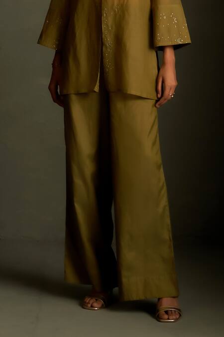 Buy Charkhee Olive Green Chanderi, Voile Embroidery V-neck Cresent Moon Shirt With Pant Online at Aza Fashions Buy_Charkhee_Olive Green Chanderi, Voile Embroidery V-neck Cresent Moon Shirt With Pant _Online_at_Aza_Fashions