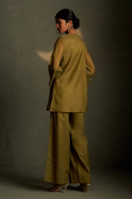 Shop Charkhee Olive Green Chanderi, Voile Embroidery V-neck Cresent Moon Shirt With Pant at Aza Fashions Shop_Charkhee_Olive Green Chanderi, Voile Embroidery V-neck Cresent Moon Shirt With Pant _at_Aza_Fashions