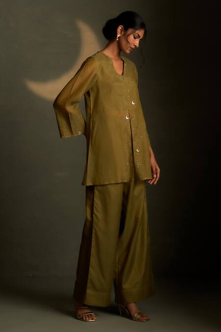 Shop Charkhee Olive Green Chanderi, Voile Embroidery V-neck Cresent Moon Shirt With Pant Online at Aza Fashions Shop_Charkhee_Olive Green Chanderi, Voile Embroidery V-neck Cresent Moon Shirt With Pant _Online_at_Aza_Fashions