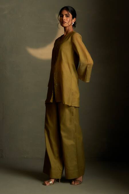 Charkhee Olive Green Chanderi, Voile Embroidery V-neck Cresent Moon Shirt With Pant at Aza Fashions Charkhee_Olive Green Chanderi, Voile Embroidery V-neck Cresent Moon Shirt With Pant _at_Aza_Fashions