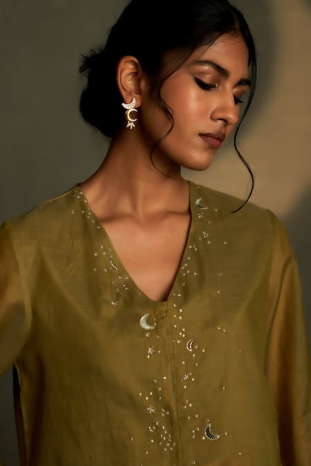 Shop Charkhee Olive Green Chanderi, Voile Embroidery V-neck Cresent Moon Shirt With Pant Shop_Charkhee_Olive Green Chanderi, Voile Embroidery V-neck Cresent Moon Shirt With Pant