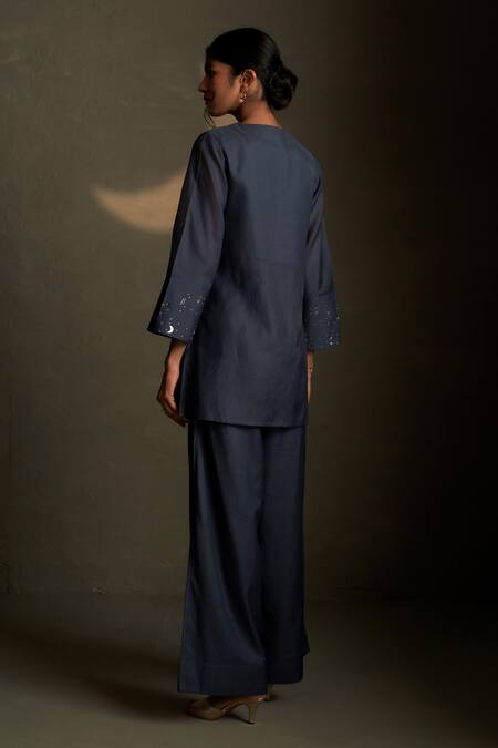 Shop Charkhee Blue Chanderi, Voile Embroidery V-neck Cresent Moon Shirt With Pant at Aza Fashions Shop_Charkhee_Blue Chanderi, Voile Embroidery V-neck Cresent Moon Shirt With Pant _at_Aza_Fashions