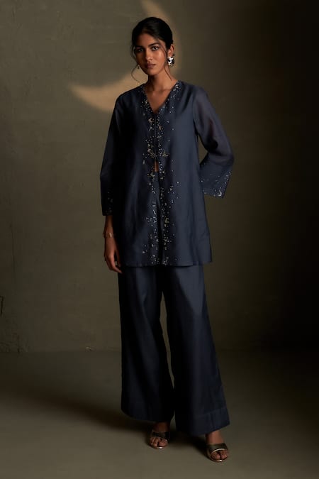Charkhee Blue Chanderi, Voile Embroidery V-neck Cresent Moon Shirt With Pant 