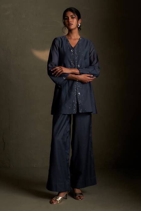 Charkhee Blue Chanderi, Voile Embroidery V-neck Cresent Moon Shirt With Pant Online at Aza Fashions Charkhee_Blue Chanderi, Voile Embroidery V-neck Cresent Moon Shirt With Pant _Online_at_Aza_Fashions