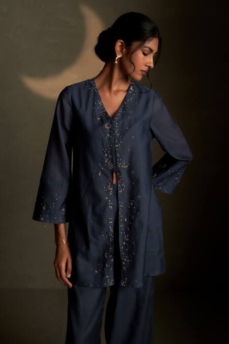 Buy Charkhee Blue Chanderi, Voile Embroidery V-neck Cresent Moon Shirt With Pant Online at Aza Fashions Buy_Charkhee_Blue Chanderi, Voile Embroidery V-neck Cresent Moon Shirt With Pant _Online_at_Aza_Fashions