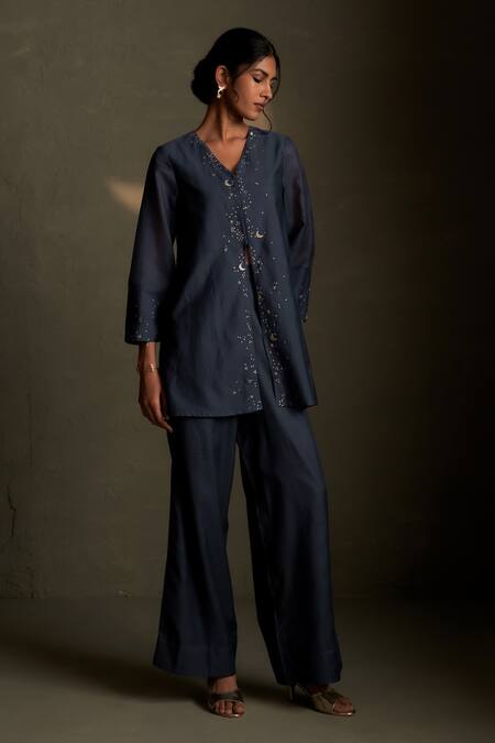 Shop Charkhee Blue Chanderi, Voile Embroidery V-neck Cresent Moon Shirt With Pant Online at Aza Fashions Shop_Charkhee_Blue Chanderi, Voile Embroidery V-neck Cresent Moon Shirt With Pant _Online_at_Aza_Fashions