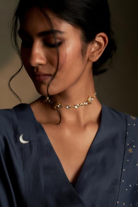 Charkhee Blue Chanderi, Voile Embroidery V-neck Moon Pattern Kurta Set at Aza Fashions Charkhee_Blue Chanderi, Voile Embroidery V-neck Moon Pattern Kurta Set _at_Aza_Fashions