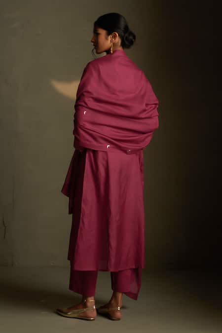 Shop Charkhee Burgundy Chanderi, Voile Embroidery V-neck Moon Pattern Kurta Set at Aza Fashions Shop_Charkhee_Burgundy Chanderi, Voile Embroidery V-neck Moon Pattern Kurta Set _at_Aza_Fashions