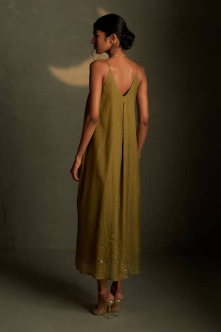 Shop Charkhee Olive Green Chanderi, Voile Embroidery, Sequins V-neck Mul Dress With Scarf at Aza Fashions Shop_Charkhee_Olive Green Chanderi, Voile Embroidery, Sequins V-neck Mul Dress With Scarf _at_Aza_Fashions