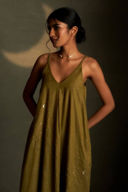 Shop Charkhee Olive Green Chanderi, Voile Embroidery, Sequins V-neck Mul Dress With Scarf Online at Aza Fashions Shop_Charkhee_Olive Green Chanderi, Voile Embroidery, Sequins V-neck Mul Dress With Scarf _Online_at_Aza_Fashions