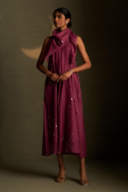 Charkhee Burgundy Chanderi, Voile Embroidery V-neck Cresent Moon Pattern Dress With Scarf 