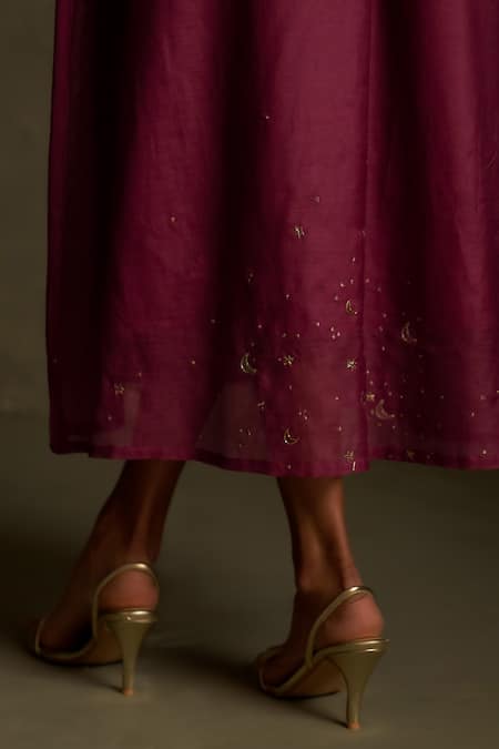 Charkhee_Burgundy Chanderi, Voile Embroidery V-neck Mul Dress _Online_at_Aza_Fashions