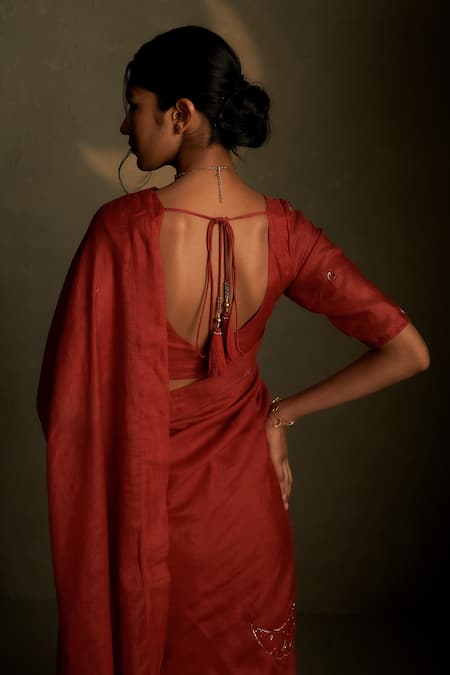 Shop_Charkhee_Red Chanderi, Voile Embroidery Sweetheart Neck Mul Saree With Blouse _Online_at_Aza_Fashions