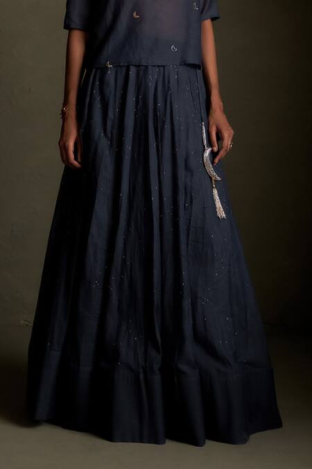 Charkhee Blue Chanderi, Voile Embroidery V-neck Cresent Moon Pattern Tunic And Lehenga Set Online at Aza Fashions Charkhee_Blue Chanderi, Voile Embroidery V-neck Cresent Moon Pattern Tunic And Lehenga Set _Online_at_Aza_Fashions