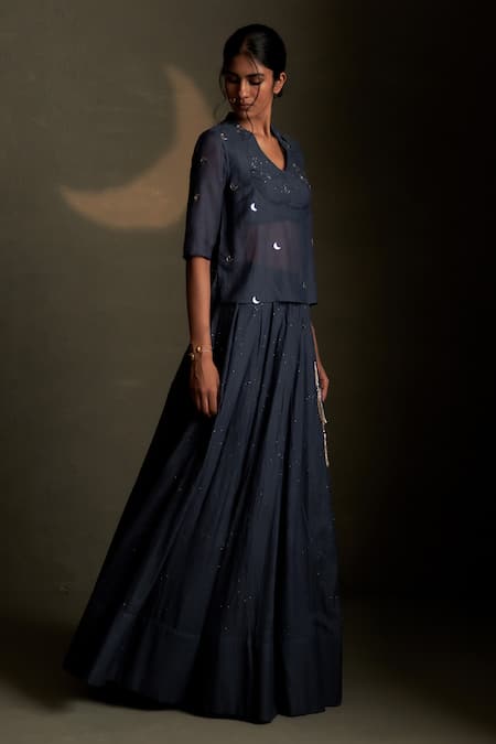 Buy Charkhee Blue Chanderi, Voile Embroidery V-neck Cresent Moon Pattern Tunic And Lehenga Set Online at Aza Fashions Buy_Charkhee_Blue Chanderi, Voile Embroidery V-neck Cresent Moon Pattern Tunic And Lehenga Set _Online_at_Aza_Fashions