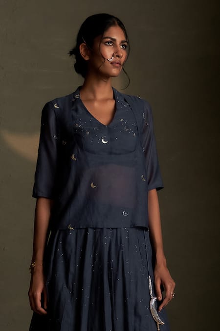 Shop Charkhee Blue Chanderi, Voile Embroidery V-neck Cresent Moon Pattern Tunic And Lehenga Set Online at Aza Fashions Shop_Charkhee_Blue Chanderi, Voile Embroidery V-neck Cresent Moon Pattern Tunic And Lehenga Set _Online_at_Aza_Fashions