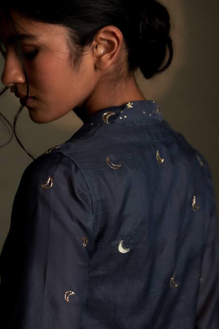 Charkhee Blue Chanderi, Voile Embroidery V-neck Cresent Moon Pattern Tunic And Lehenga Set at Aza Fashions Charkhee_Blue Chanderi, Voile Embroidery V-neck Cresent Moon Pattern Tunic And Lehenga Set _at_Aza_Fashions