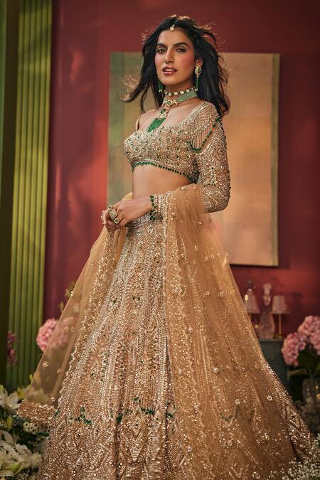 Isa By Dolly Wahal_Gold Net Embroidery, Diamonds, Crystals, Zari Bella Floral Bridal Lehenga Set _Online_at_Aza_Fashions