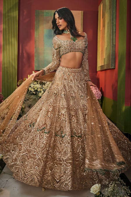 Buy_Isa By Dolly Wahal_Gold Net Embroidery, Diamonds, Crystals, Zari Bella Floral Bridal Lehenga Set _Online_at_Aza_Fashions