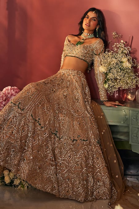 Shop_Isa By Dolly Wahal_Gold Net Embroidery, Diamonds, Crystals, Zari Bella Floral Bridal Lehenga Set _Online_at_Aza_Fashions