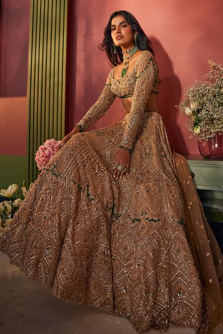 Isa By Dolly Wahal_Gold Net Embroidery, Diamonds, Crystals, Zari Bella Floral Bridal Lehenga Set _at_Aza_Fashions