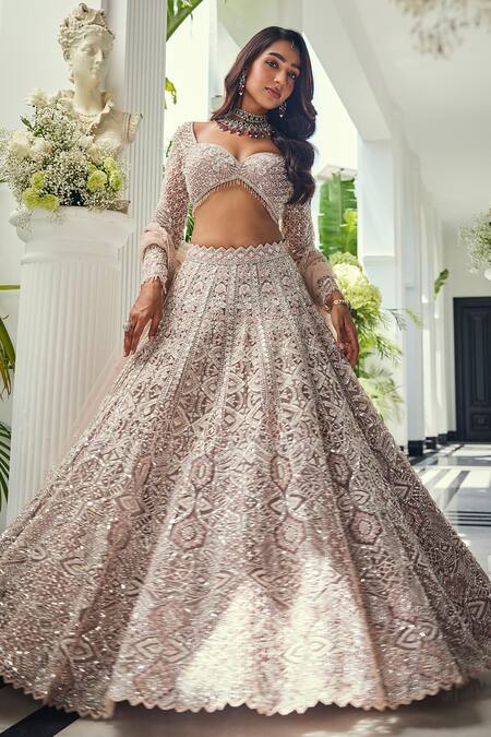 Buy_Isa By Dolly Wahal_Pink Net Crystals, Embroidery, Stones, Sequins, Embellished Bridal Lehenga Set _Online_at_Aza_Fashions