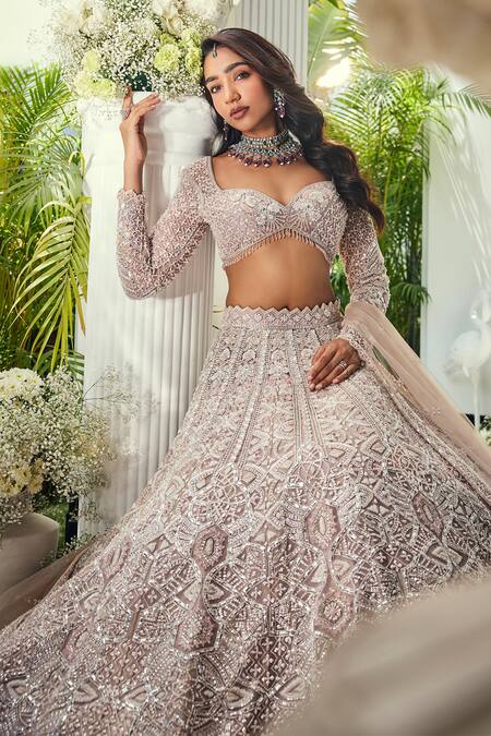 Shop_Isa By Dolly Wahal_Pink Net Crystals, Embroidery, Stones, Sequins, Embellished Bridal Lehenga Set _Online_at_Aza_Fashions