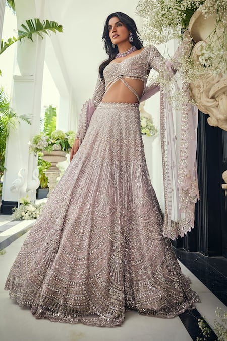 Shop_Isa By Dolly Wahal_Lilac Net Sequins, Pearls, Beads, Crystals, Embroidery Luna Lehenga Set _Online_at_Aza_Fashions