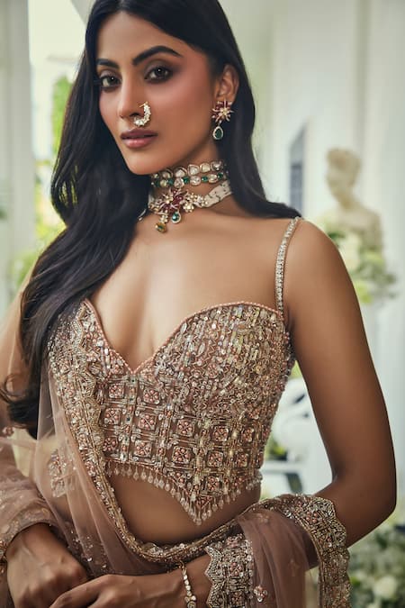 Buy_Isa By Dolly Wahal_Gold Net Sequins, Beads, Crystals, Embroidery Walnut Fishcut Lehenga Set _Online_at_Aza_Fashions