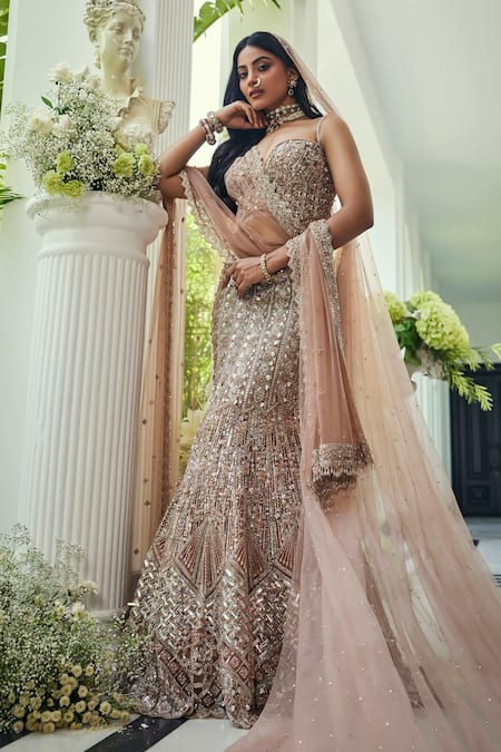Shop_Isa By Dolly Wahal_Gold Net Sequins, Beads, Crystals, Embroidery Walnut Fishcut Lehenga Set _Online_at_Aza_Fashions
