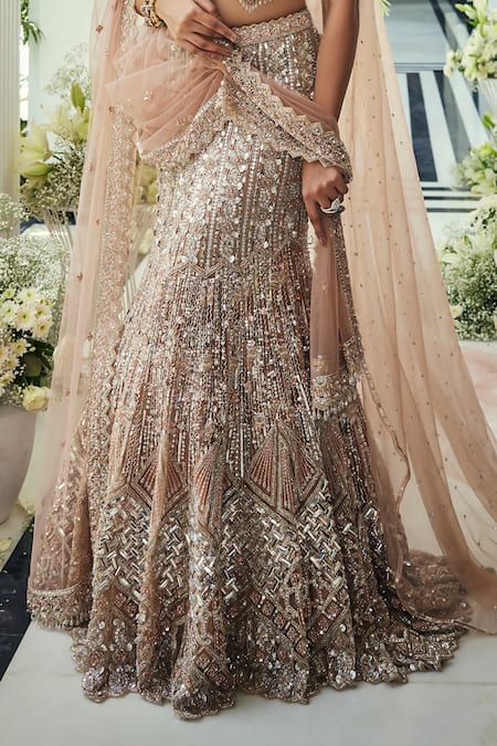 Isa By Dolly Wahal_Gold Net Sequins, Beads, Crystals, Embroidery Walnut Fishcut Lehenga Set _at_Aza_Fashions