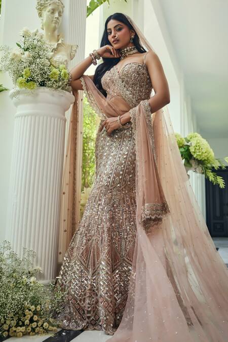 Shop_Isa By Dolly Wahal_Gold Net Sequins, Beads, Crystals, Embroidery Walnut Fishcut Lehenga Set 