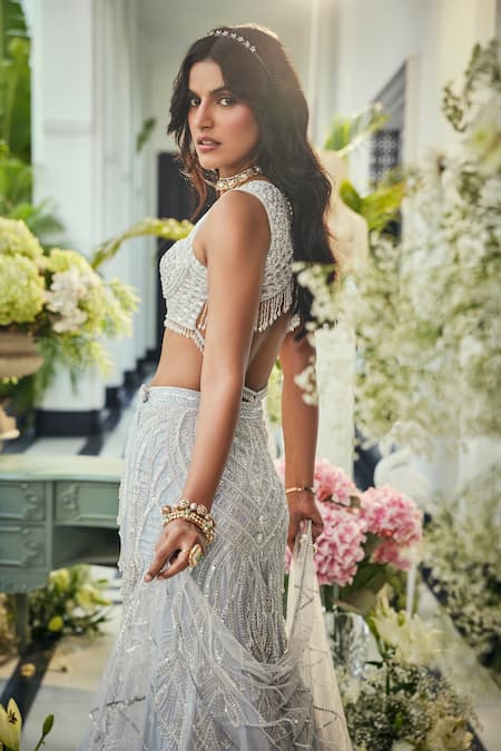 Isa By Dolly Wahal_Blue Organza, Net Embroidery, Sequins, Beads Tonal Fishcut Lehenga Set _Online_at_Aza_Fashions